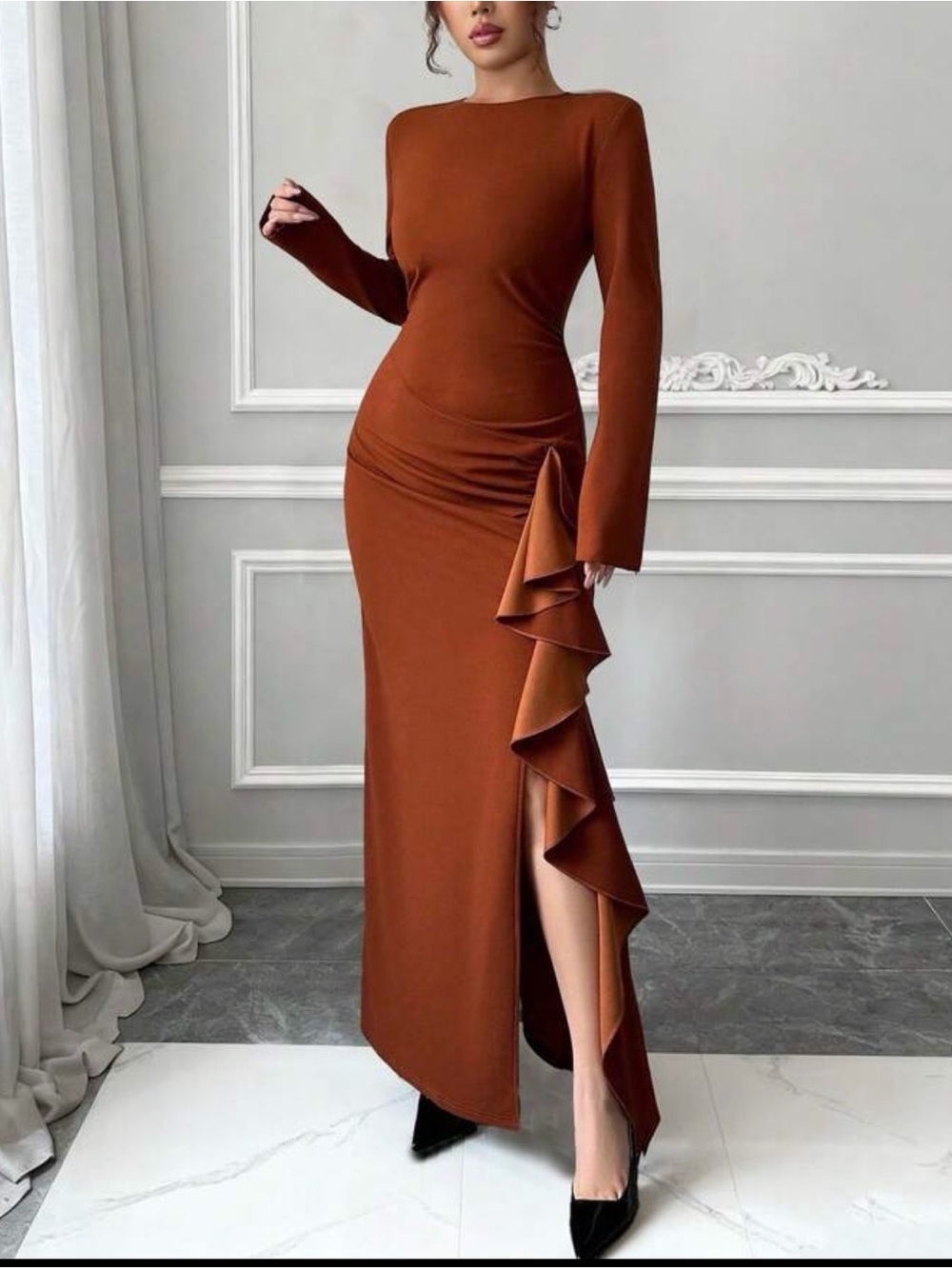 Elegant Rust Long Sleeve Ruffle Gown